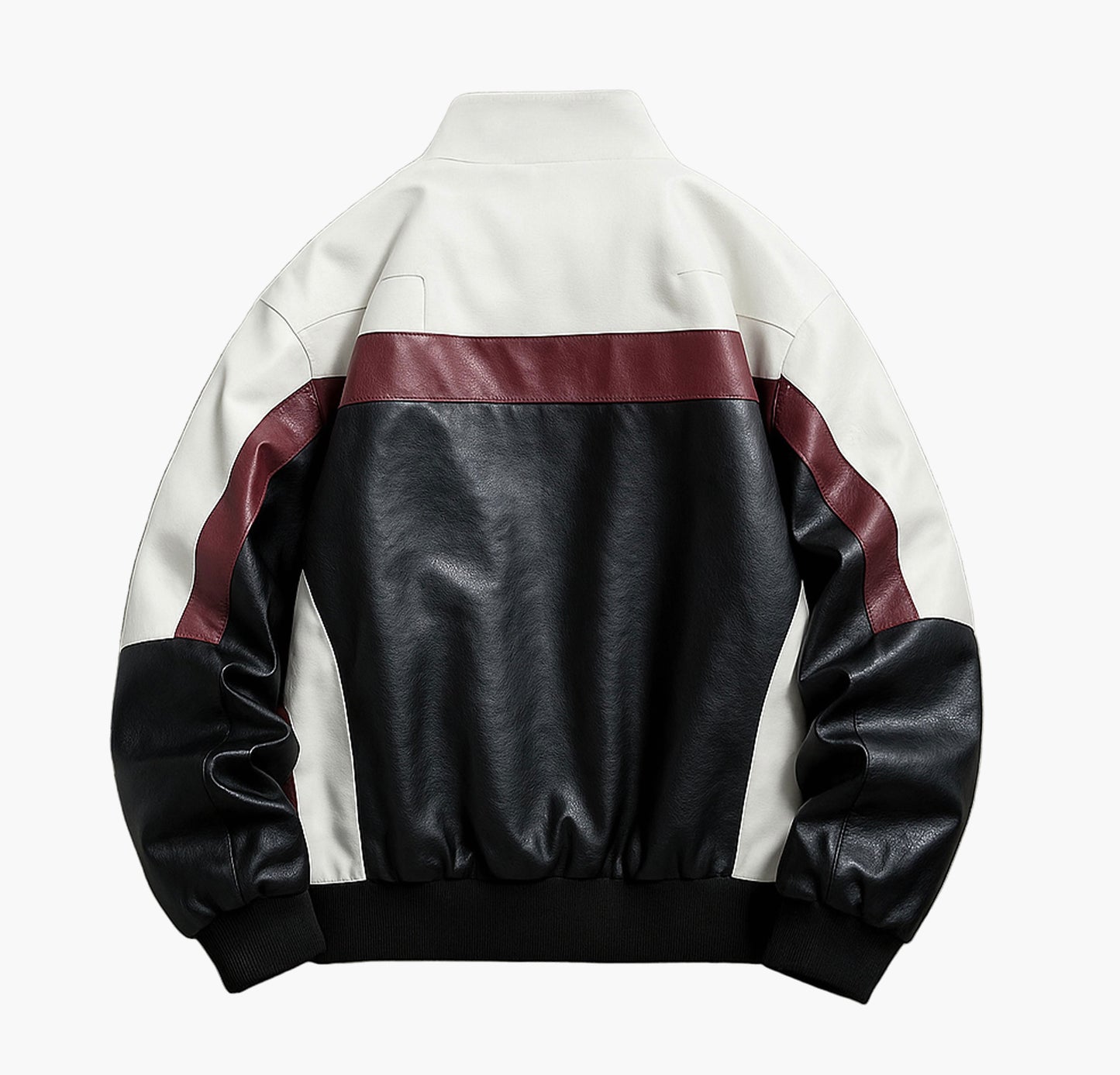 Men’s Street Style Bomber Jacket – Black, White & Red Color Block Zip-Up