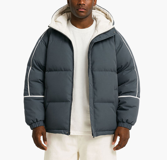 Men’s White & Black Hooded Winter Jacket – Full-Zip Warm Coat with Pockets