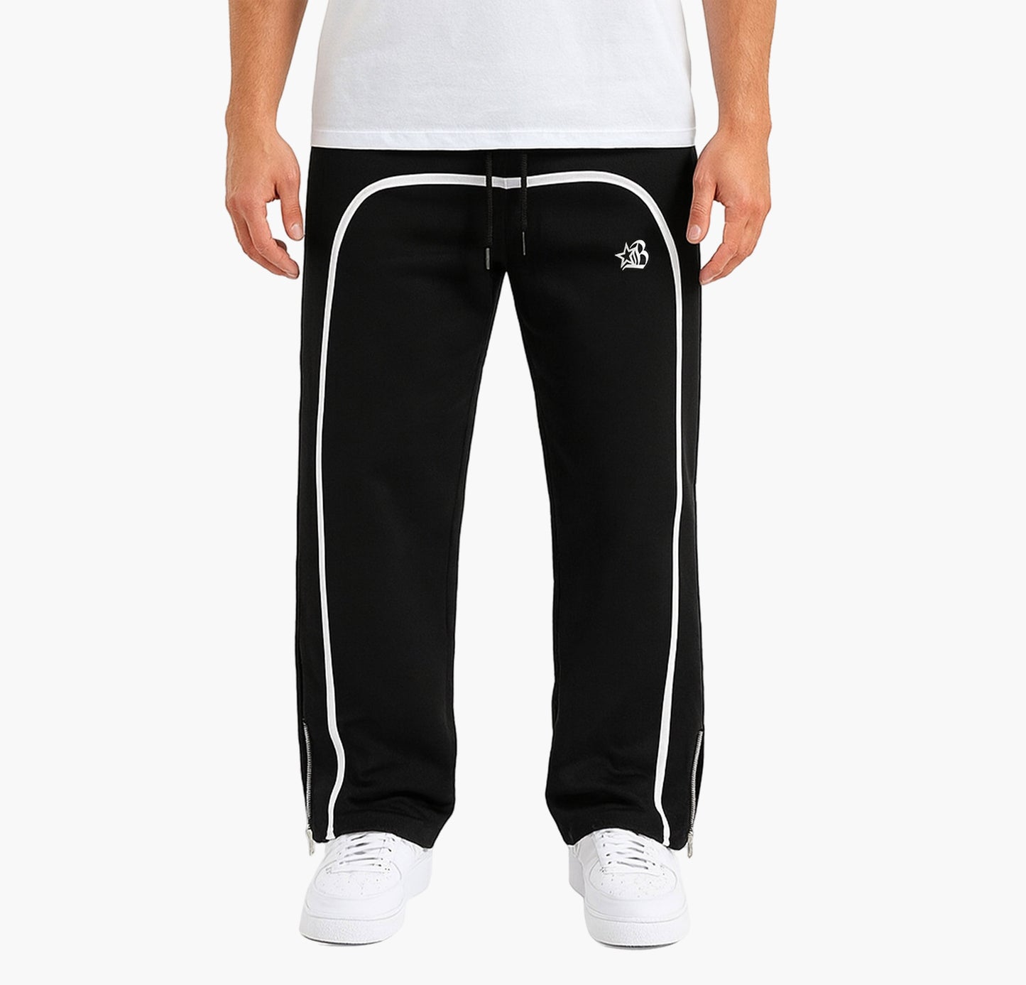 Men’s Athletic Jogger Pants – Black Loose Fit Trousers with White Stripe & Cuffed Ankles
