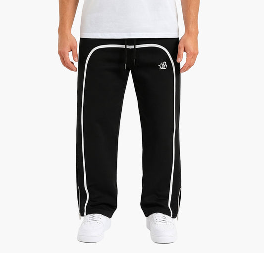 Men’s Athletic Jogger Pants – Black Loose Fit Trousers with White Stripe & Cuffed Ankles