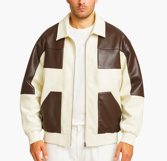 Men’s Faux Leather Colorblock Bomber Jacket – Beige & Brown Short Zip-Up