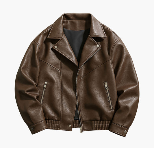 Men’s Casual Faux Leather Jacket – Zipper Front with Lapel Collar