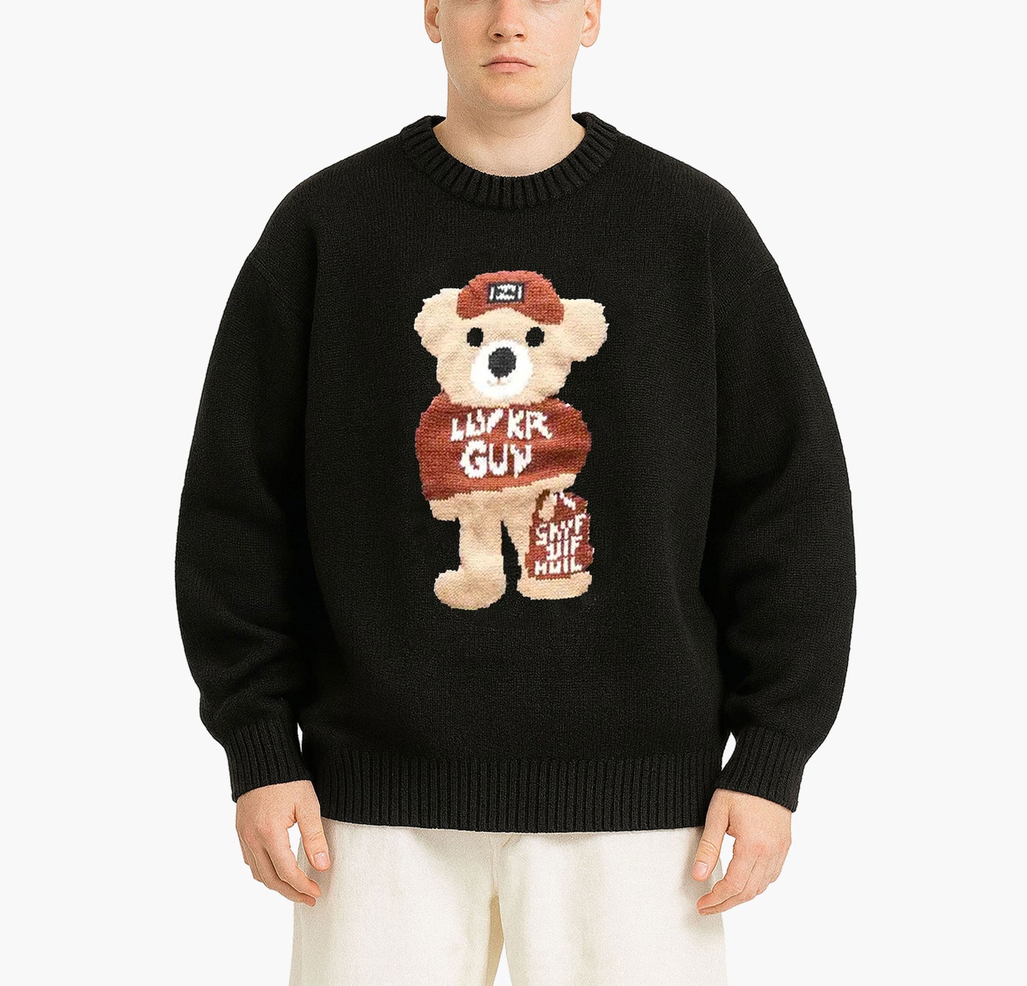 Unisex Teddy Bear Knit Sweater – Beige Pullover for Couples & Students