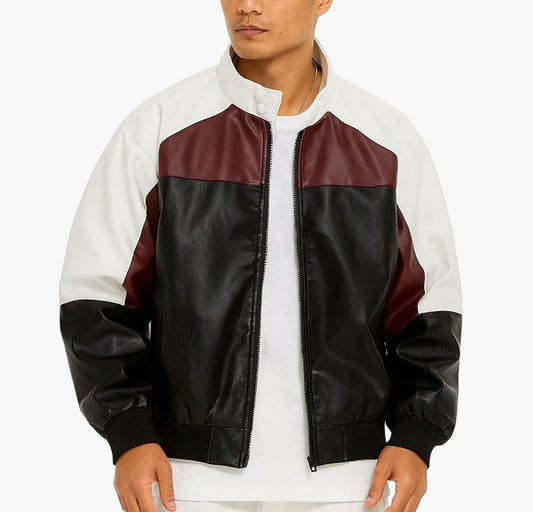 Men’s Street Style Bomber Jacket – Black, White & Red Color Block Zip-Up