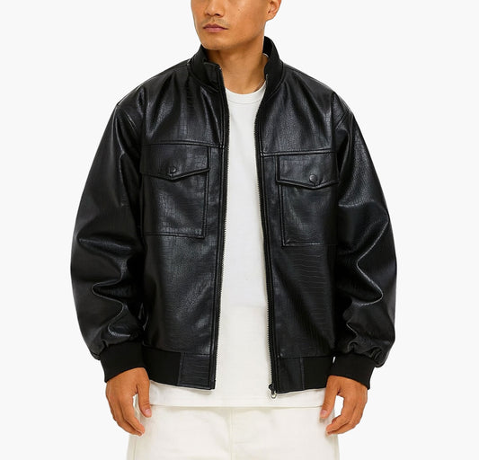 Men’s Glossy Black Biker Jacket – Stand Collar Zip-Up with Pockets