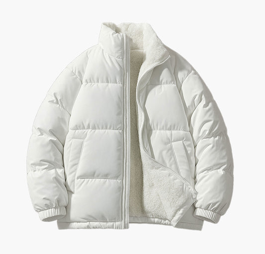 Men’s Winter Hooded Jacket – Thick Polyester Zip-Up Coat with Ribbed Cuffs