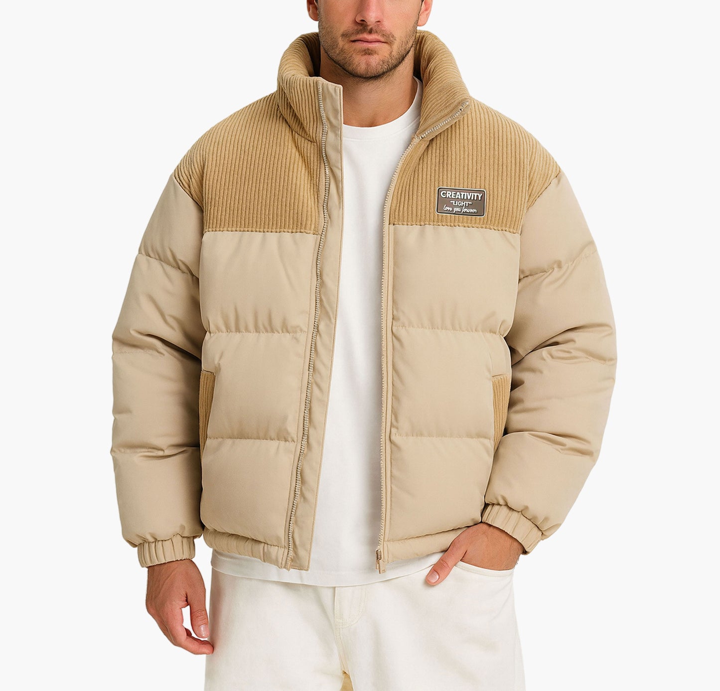 Men’s Pink Winter Jacket – Insulated Stand Collar Coat with Zippered Pockets