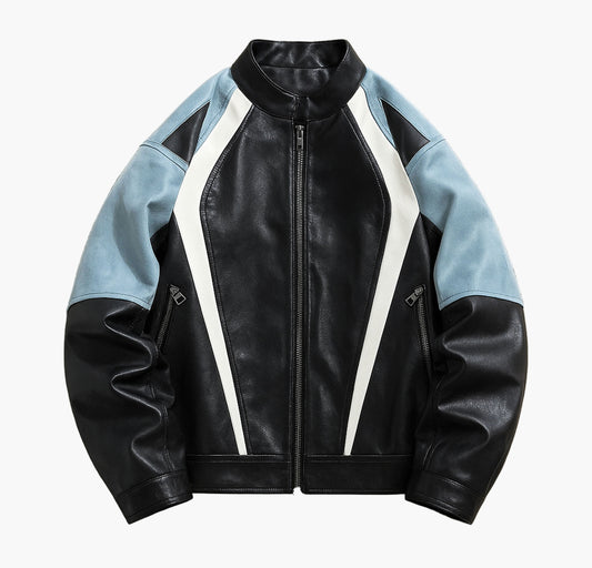 Men’s Geometric Print Jacket – Color-Matching Zip-Up with Lapel & Pockets