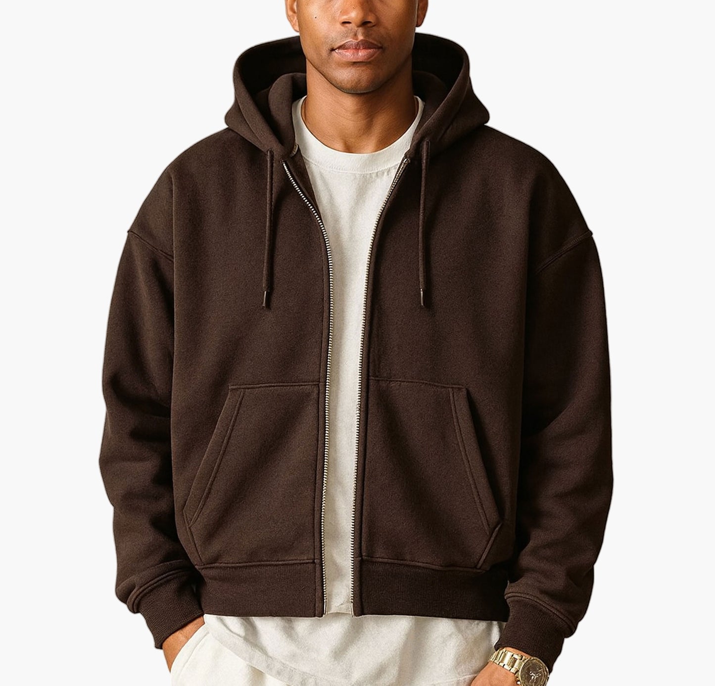 Men’s Full-Zip Hooded Jacket – Oversized Brown Casual Outerwear