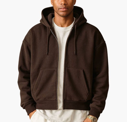Men’s Full-Zip Hooded Jacket – Oversized Brown Casual Outerwear
