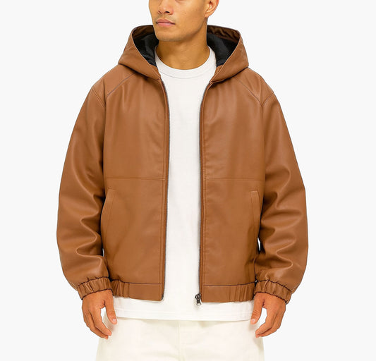 Men’s Brown Hooded Jacket – Casual Loose Fit Zip-Up Windbreaker with Pockets