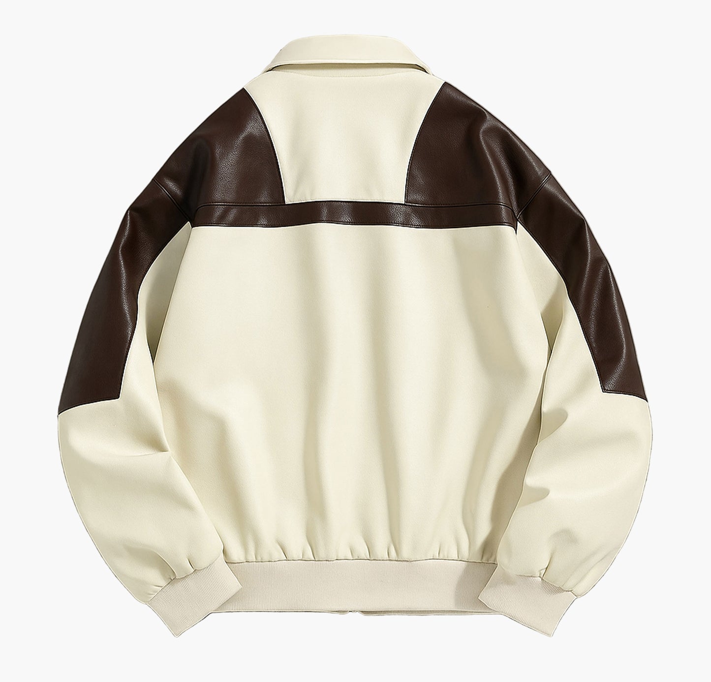 Men’s Faux Leather Colorblock Bomber Jacket – Beige & Brown Short Zip-Up