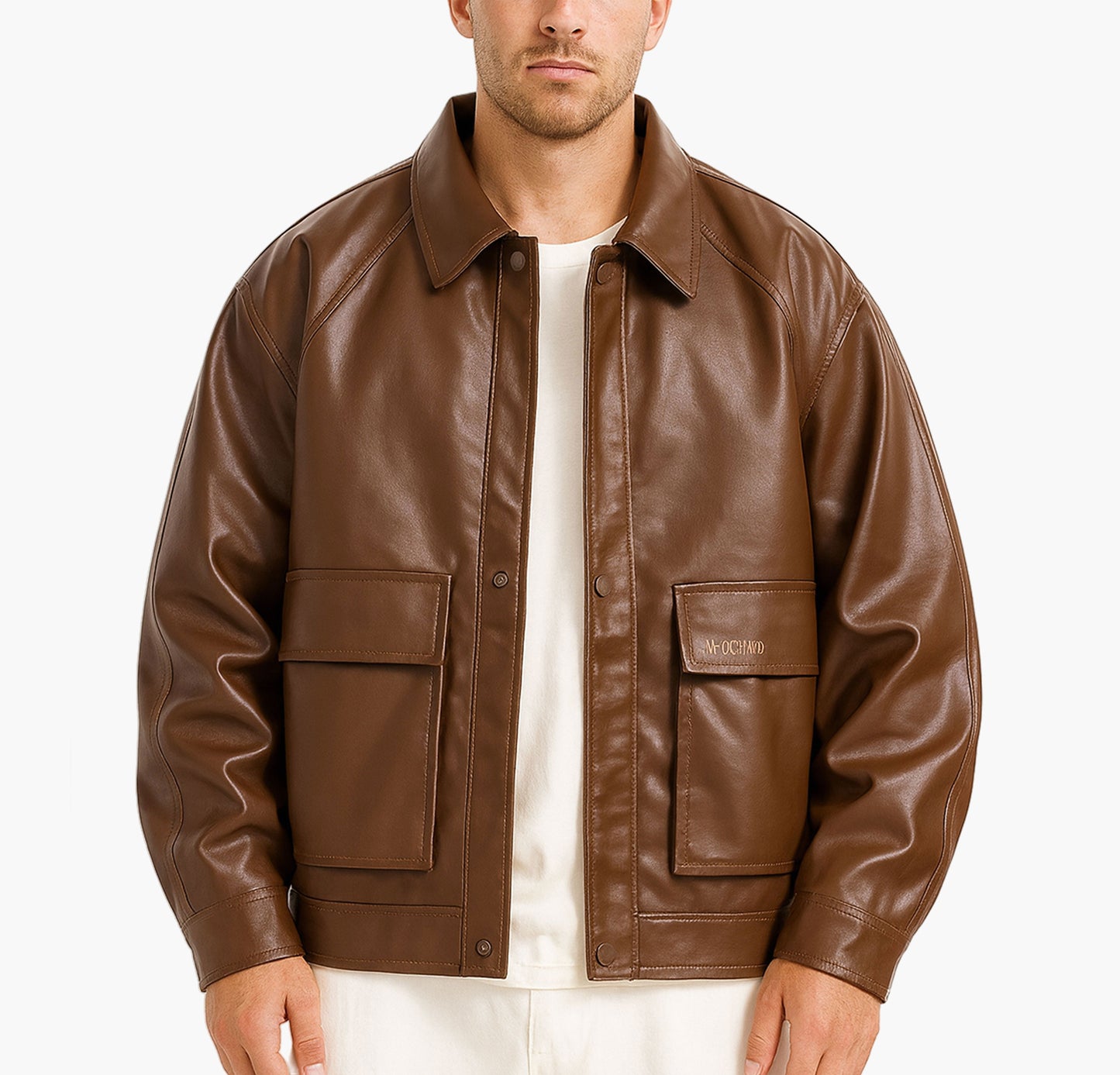 Men’s Glossy PU Jacket – Zip-Up Lapel Collar Outerwear