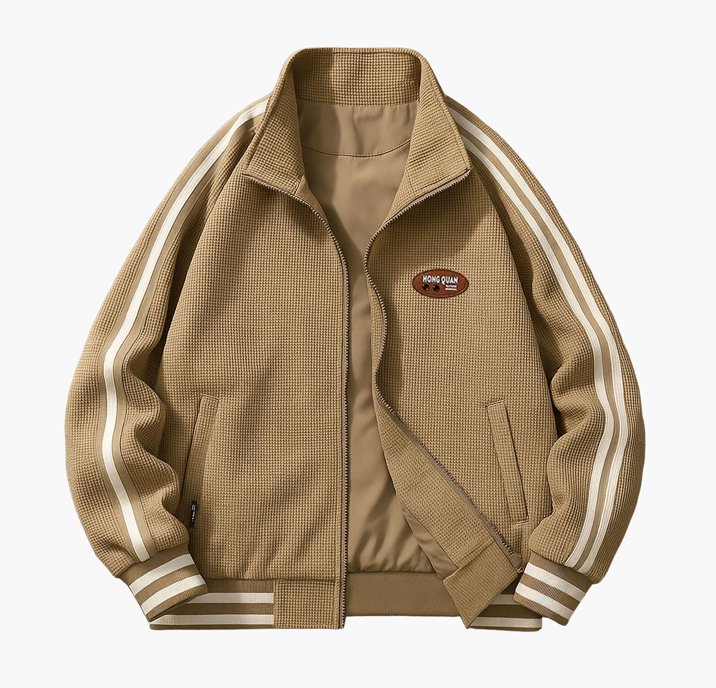 Men’s Lightweight Bomber Jacket – Black Zip-Up with White Stripes & Logo