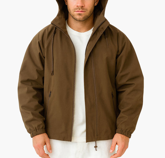 Men’s Lightweight Hooded Windbreaker – Brown Full-Zip Coat