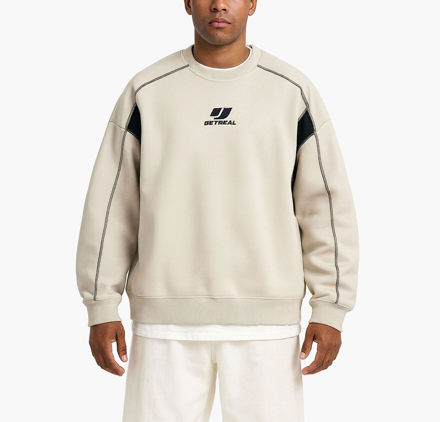 Men’s Oversized Sweatshirt – Beige & Navy Color Block Pullover with Japanese Lettering