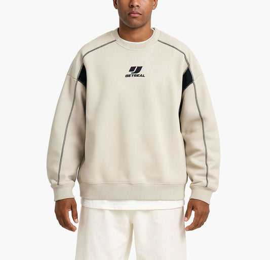 Men’s Oversized Sweatshirt – Beige & Navy Color Block Pullover with Japanese Lettering
