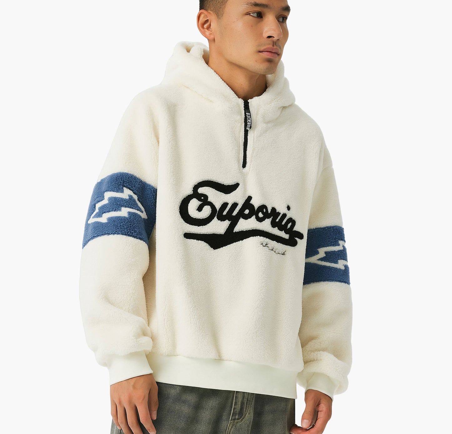 Men’s Gray Fleece Hoodie – “Euporia” Embroidered Lettering, Warm Winter Pullover