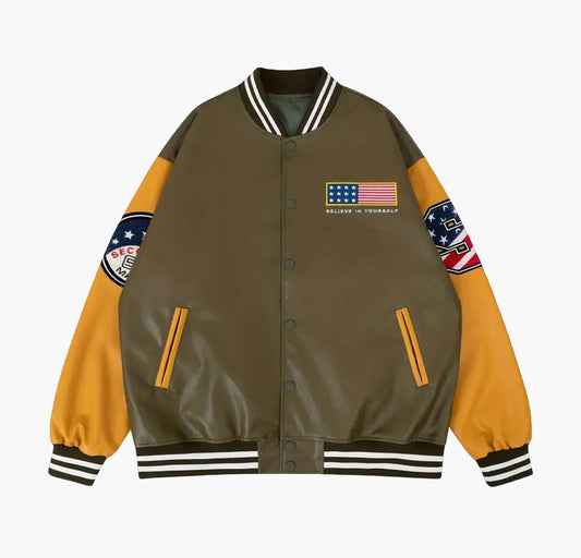 Men’s PU Leather Jacket – Vintage Varsity Bomber Coat