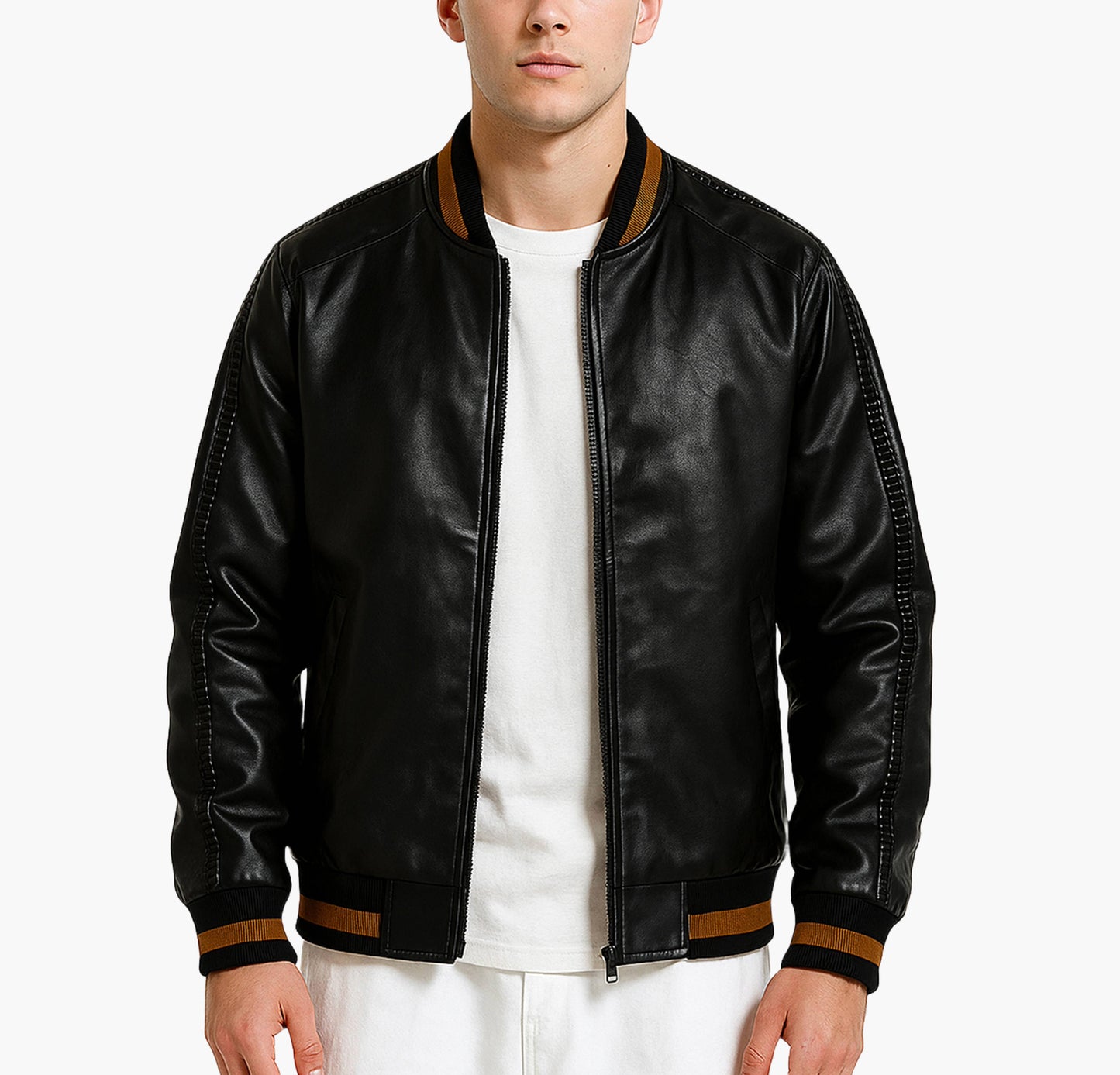Men’s Retro PU Leather Jacket – Stand Collar Biker Style