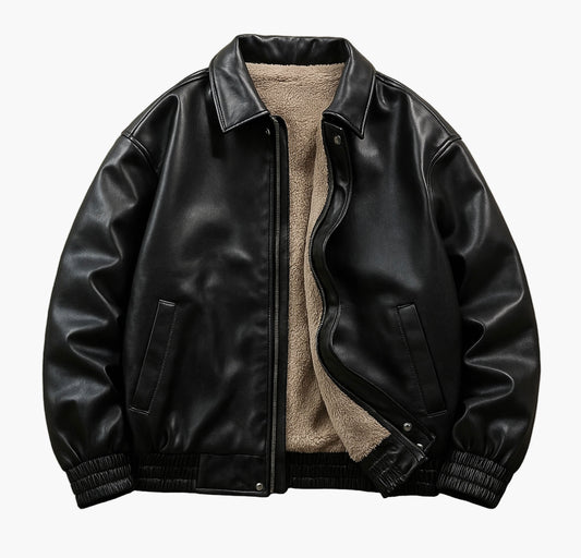 Men’s Black Business Casual Jacket – Thickened Warm Zip-Up with Drop Shoulder