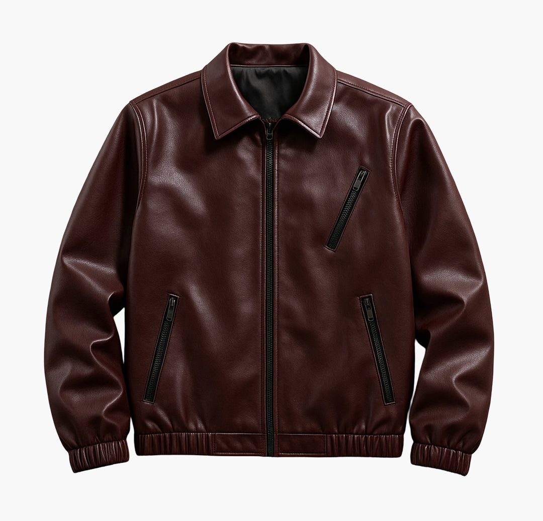 Men’s Slim-Fit Faux Leather Jacket – Hooded Windproof Zip-Up Coat