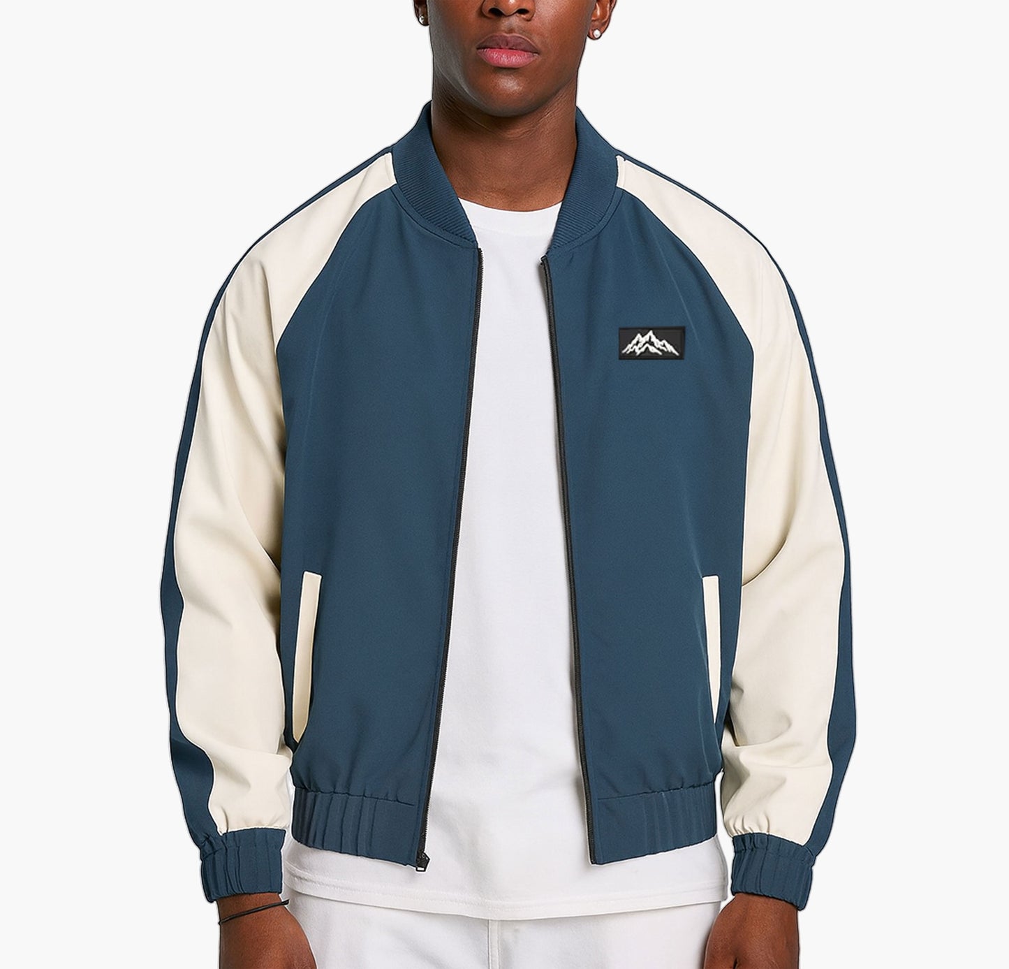 Men’s Navy & White Color Block Jacket – Casual Zip-Up with Pockets