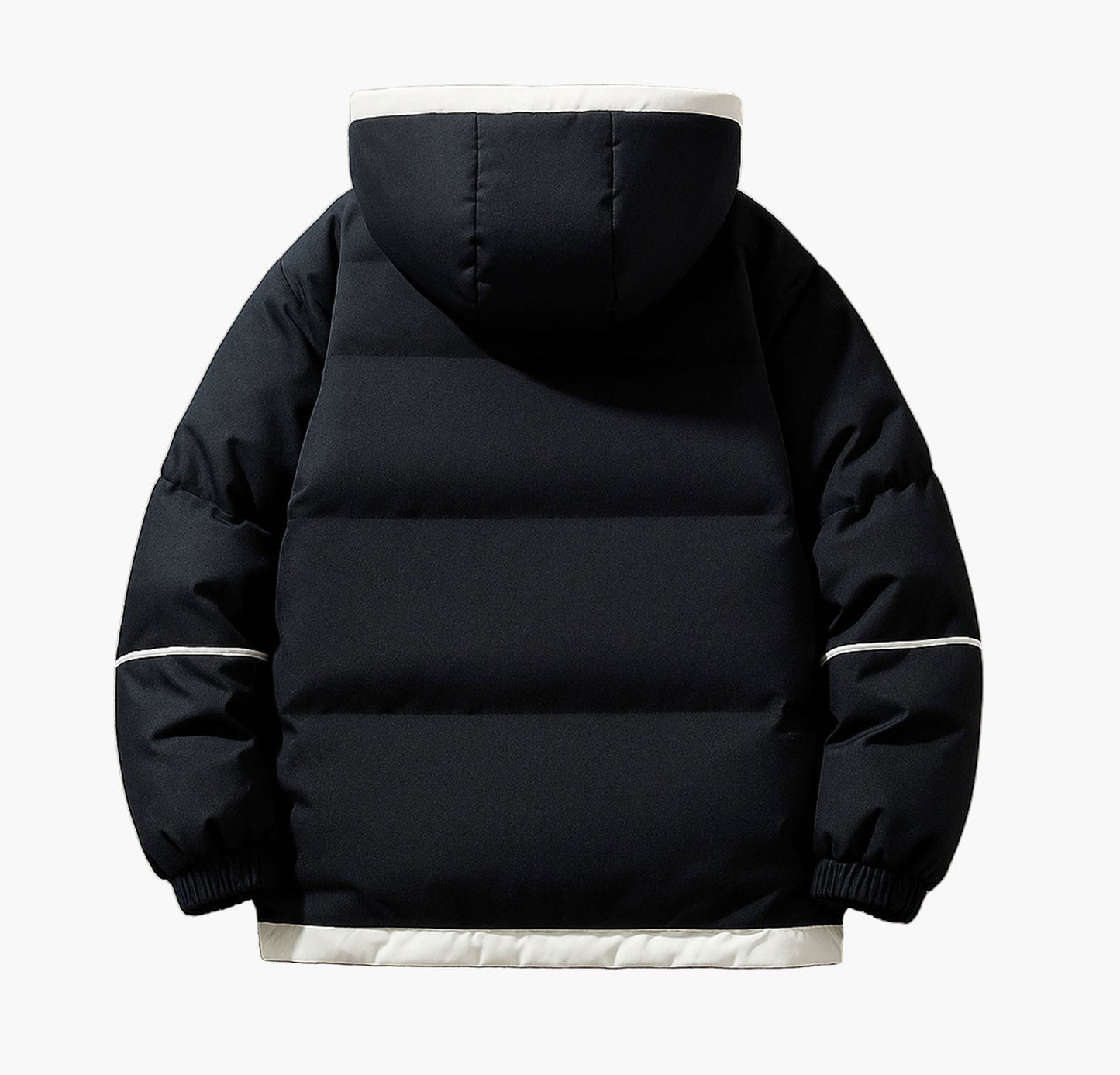 Men’s Hooded Winter Jacket – White & Black Zip-Up Coat with Insulated Fill