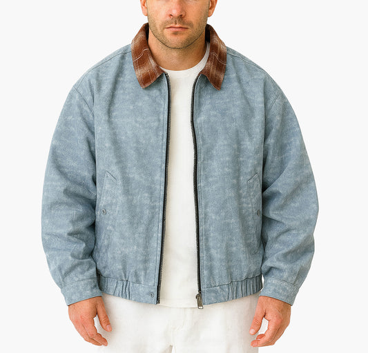 Men’s Vintage Faux Leather Bomber – Brown & Black Jacket with Plaid Collar