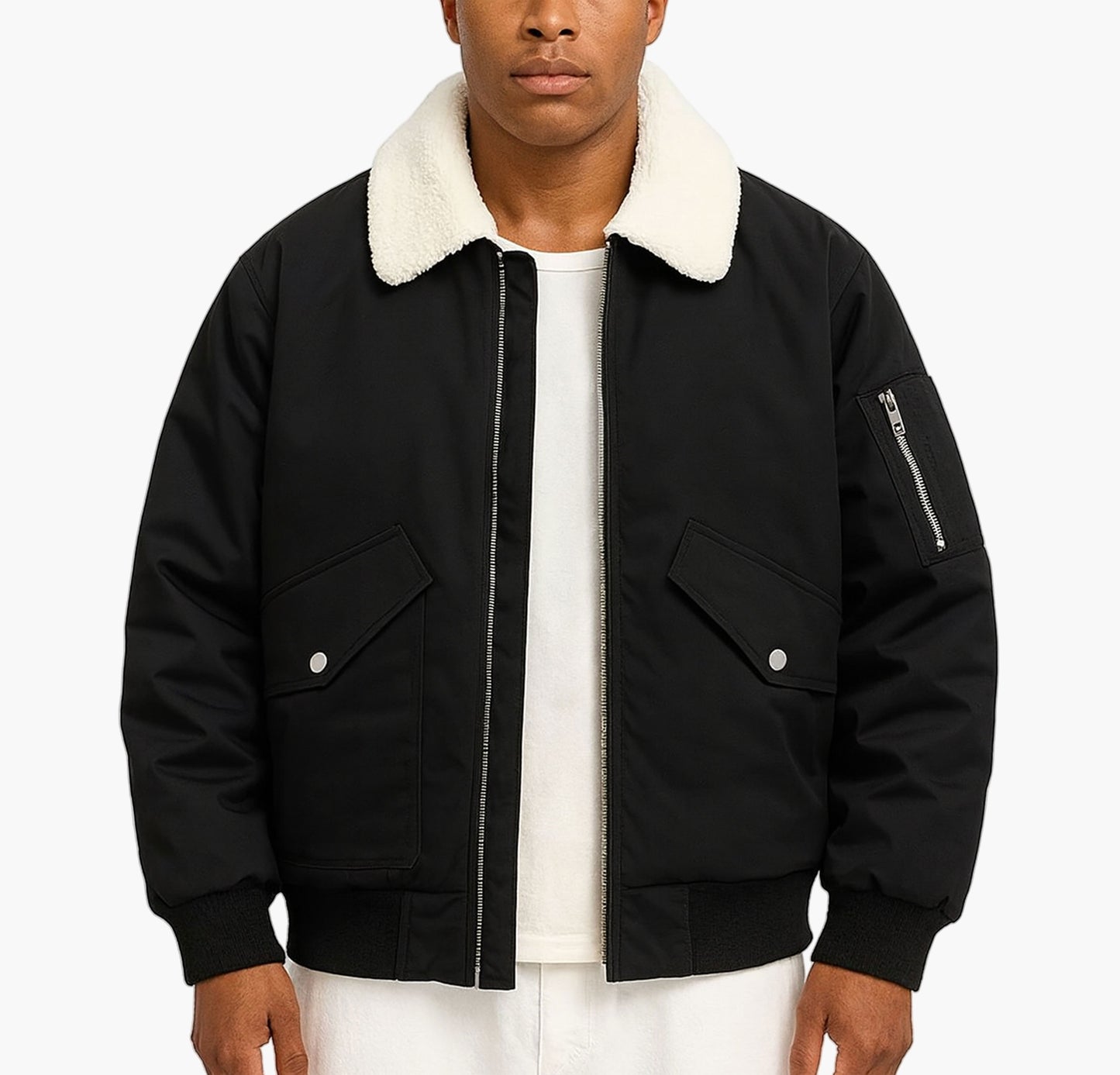 Men’s Polyester Bomber Jacket – Plush Collar Winter Coat