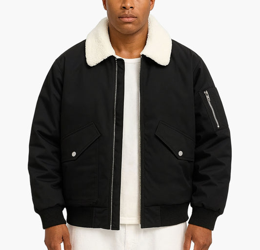 Men’s Polyester Bomber Jacket – Plush Collar Winter Coat