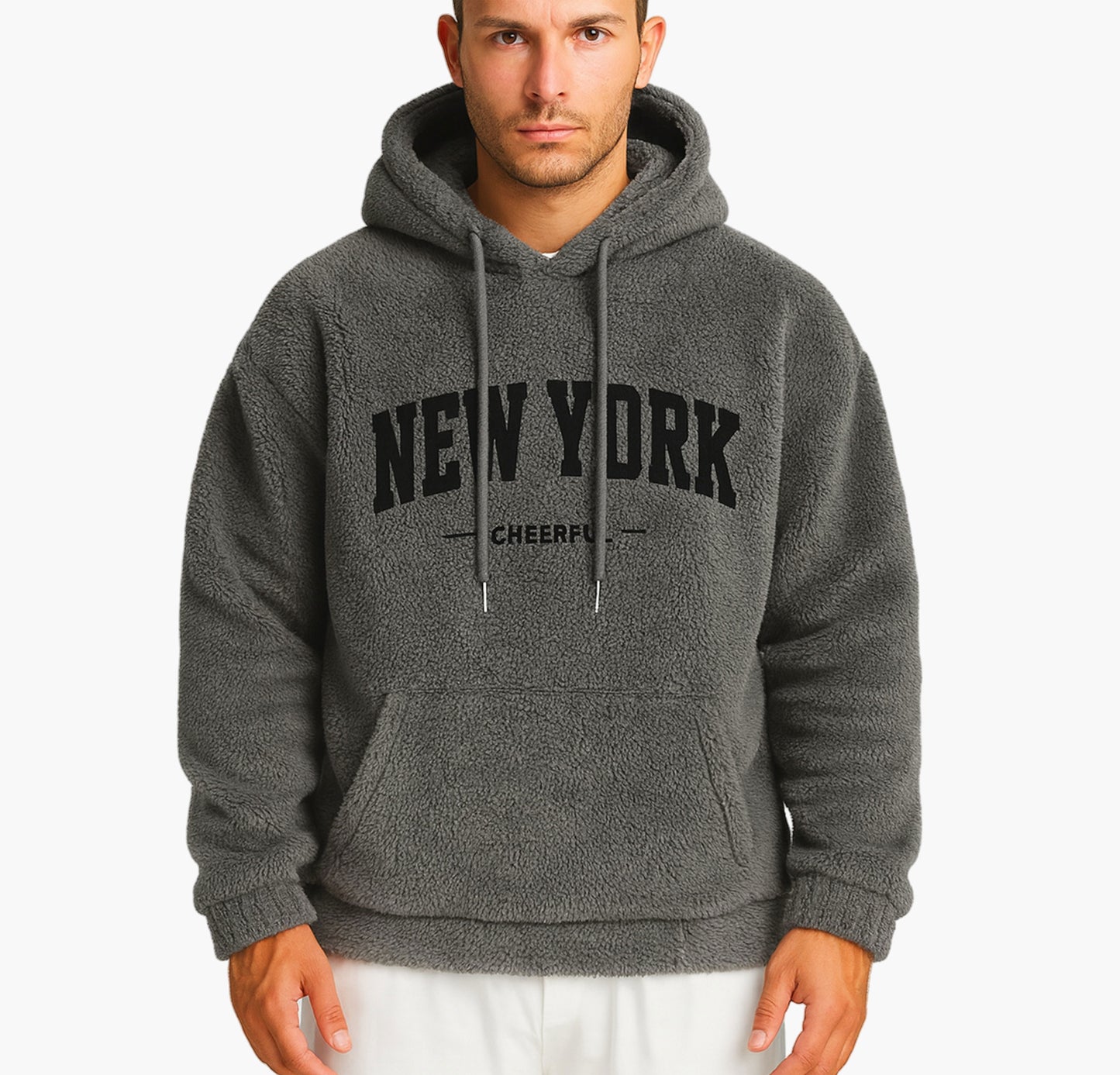 Men’s York Graphic Hoodie – Warm Fleece Pullover with Letter Print & Pocket