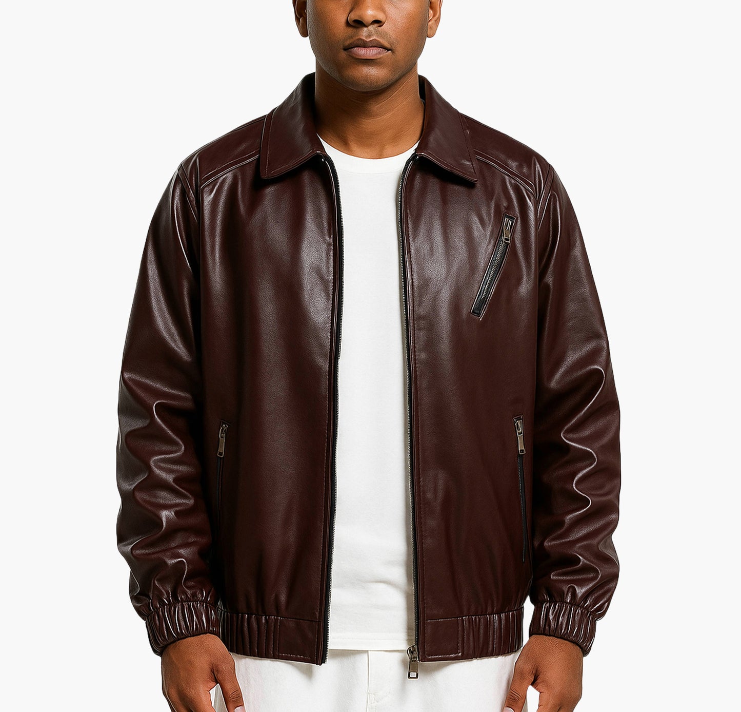 Men’s Slim-Fit Faux Leather Jacket – Hooded Windproof Zip-Up Coat