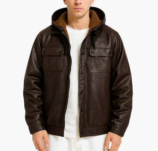 Men’s PU Leather Motorcycle Jacket – Heavy-Duty Hooded Winter Coat
