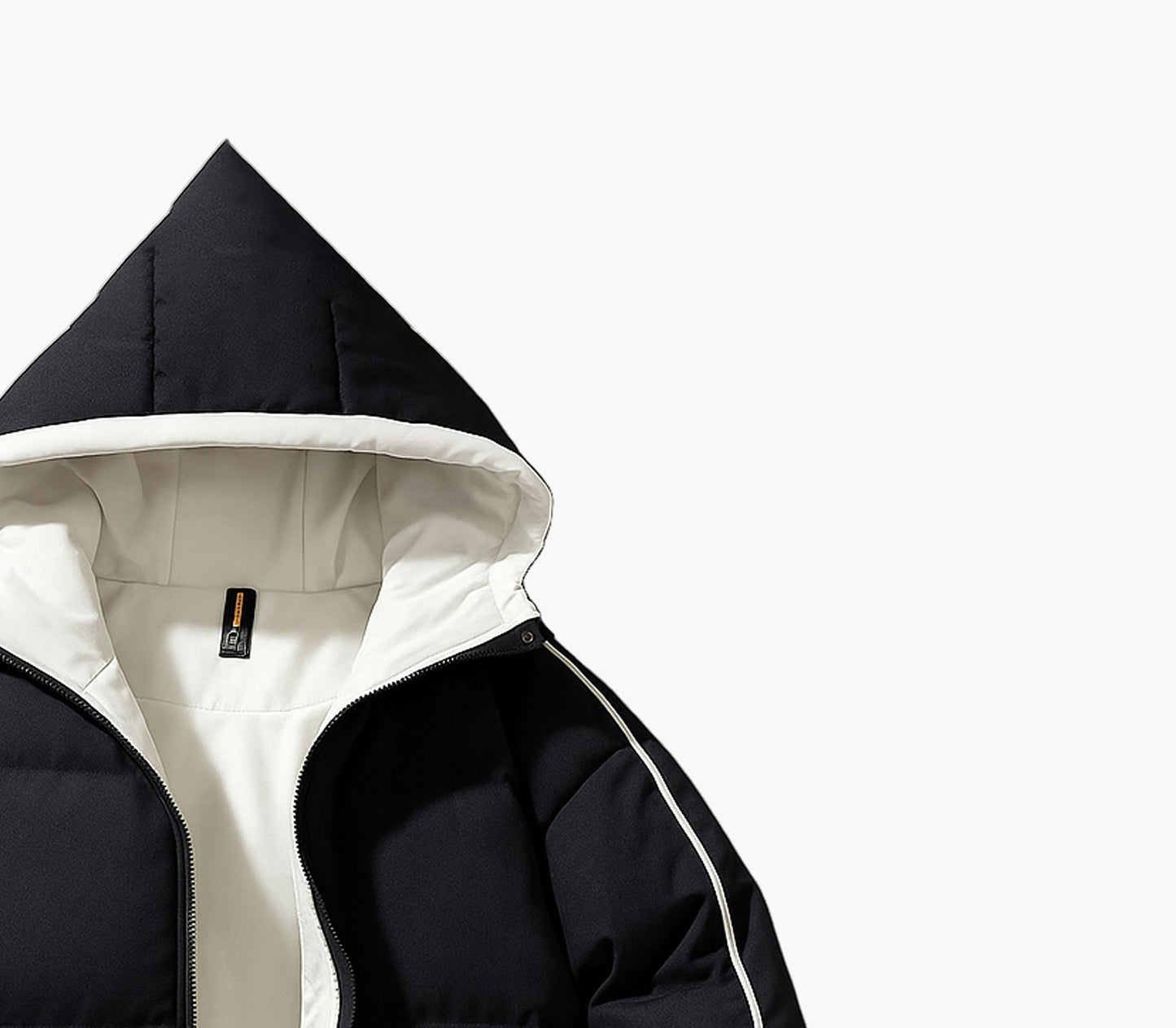 Men’s Hooded Winter Jacket – White & Black Zip-Up Coat with Insulated Fill