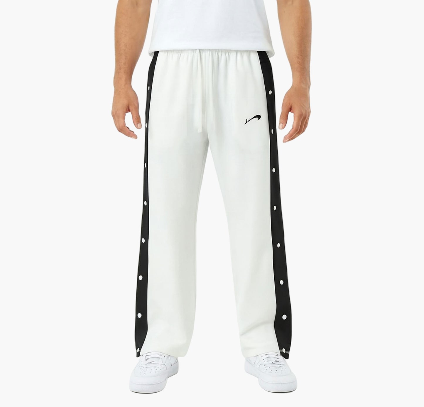 Men’s White Basketball Pants – Wide Leg Joggers with Drawstring & Zipper Pockets