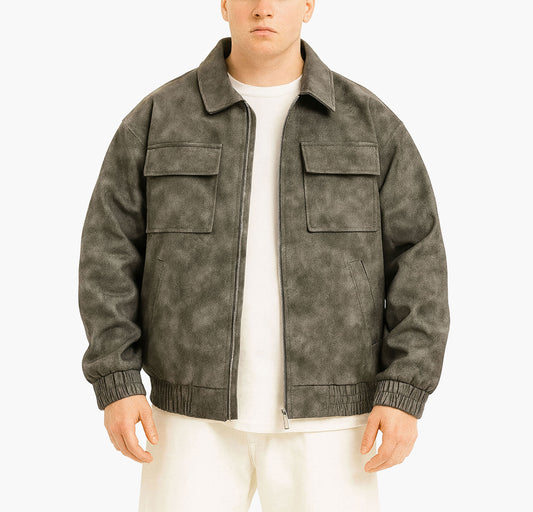 Men’s Gray Bomber Jacket – Casual Zip-Up Streetwear Coat with Pockets