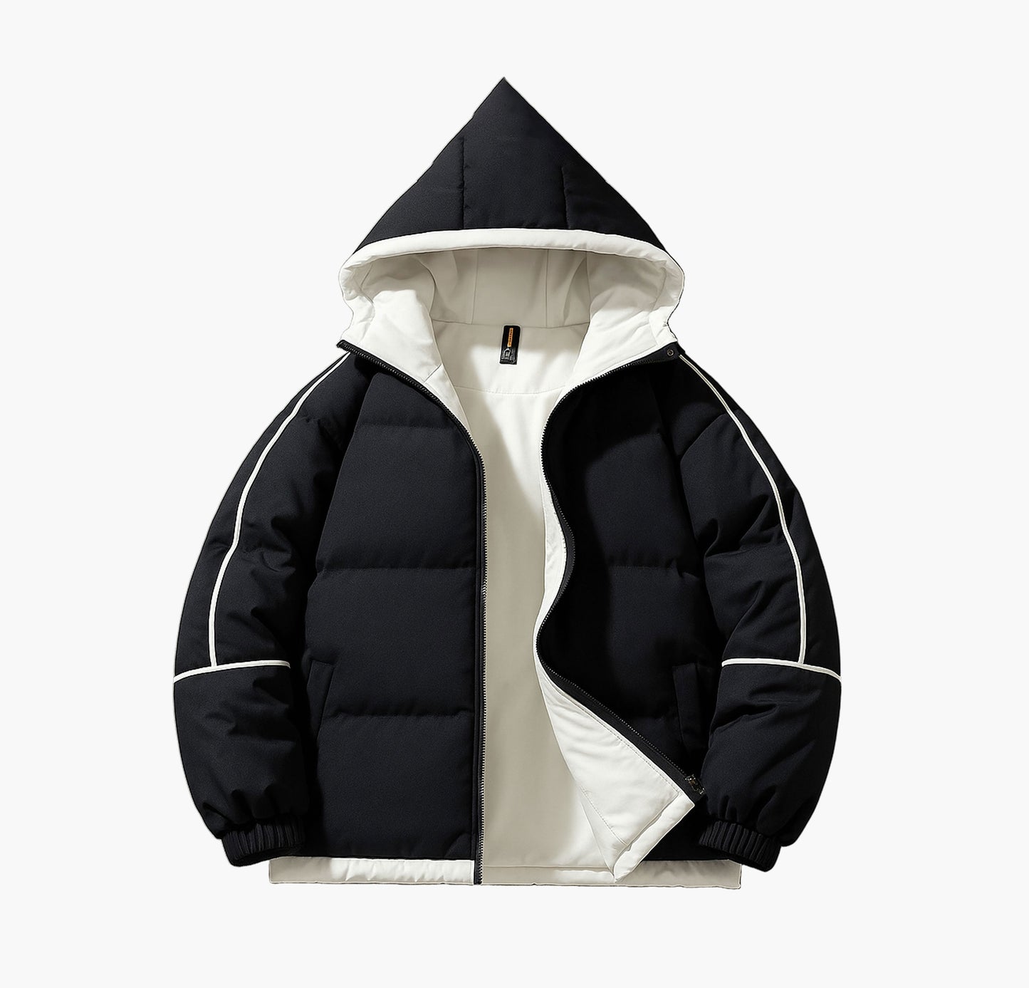 Men’s Hooded Winter Jacket – White & Black Zip-Up Coat with Insulated Fill