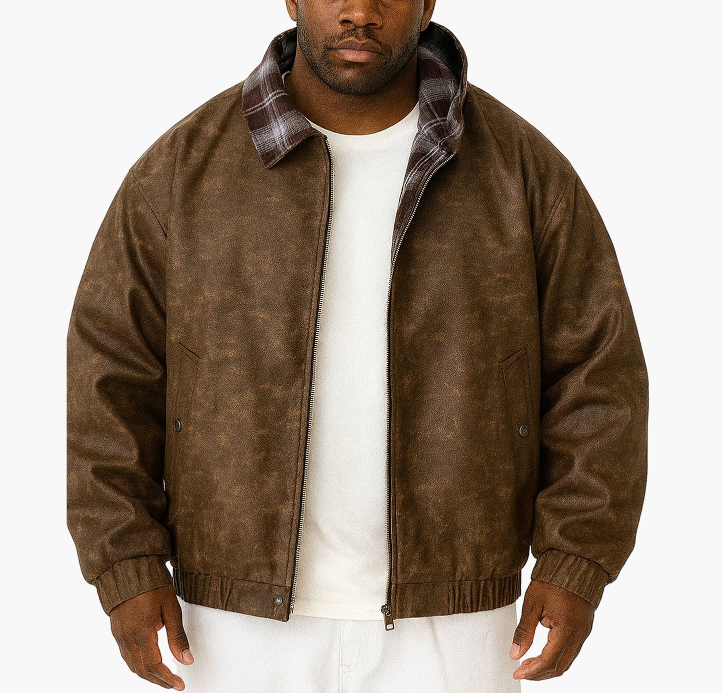 Men’s Vintage Faux Leather Bomber Jacket – Brown & Black with Plaid Collar