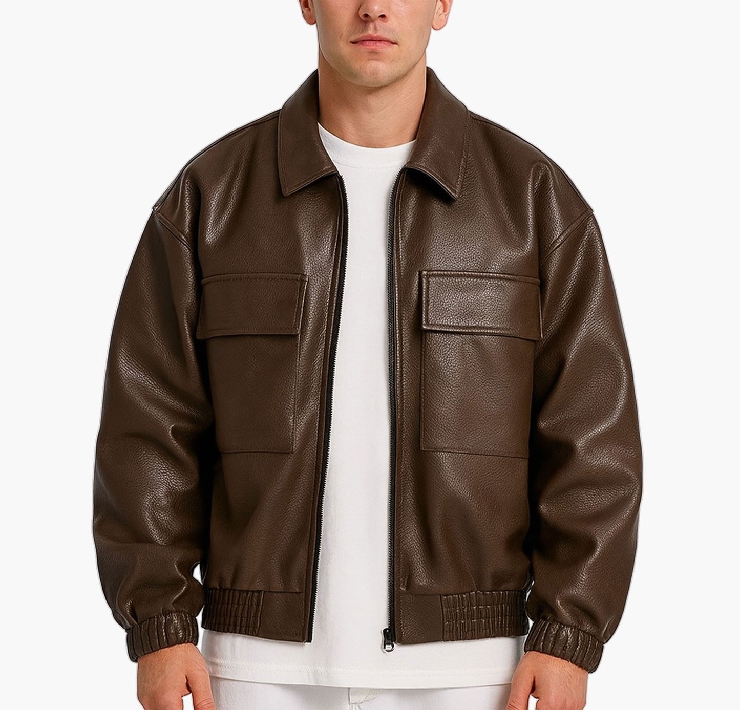 Men’s Faux Leather Bomber Jacket – Loose Fit Zip-Up with Flap Pockets