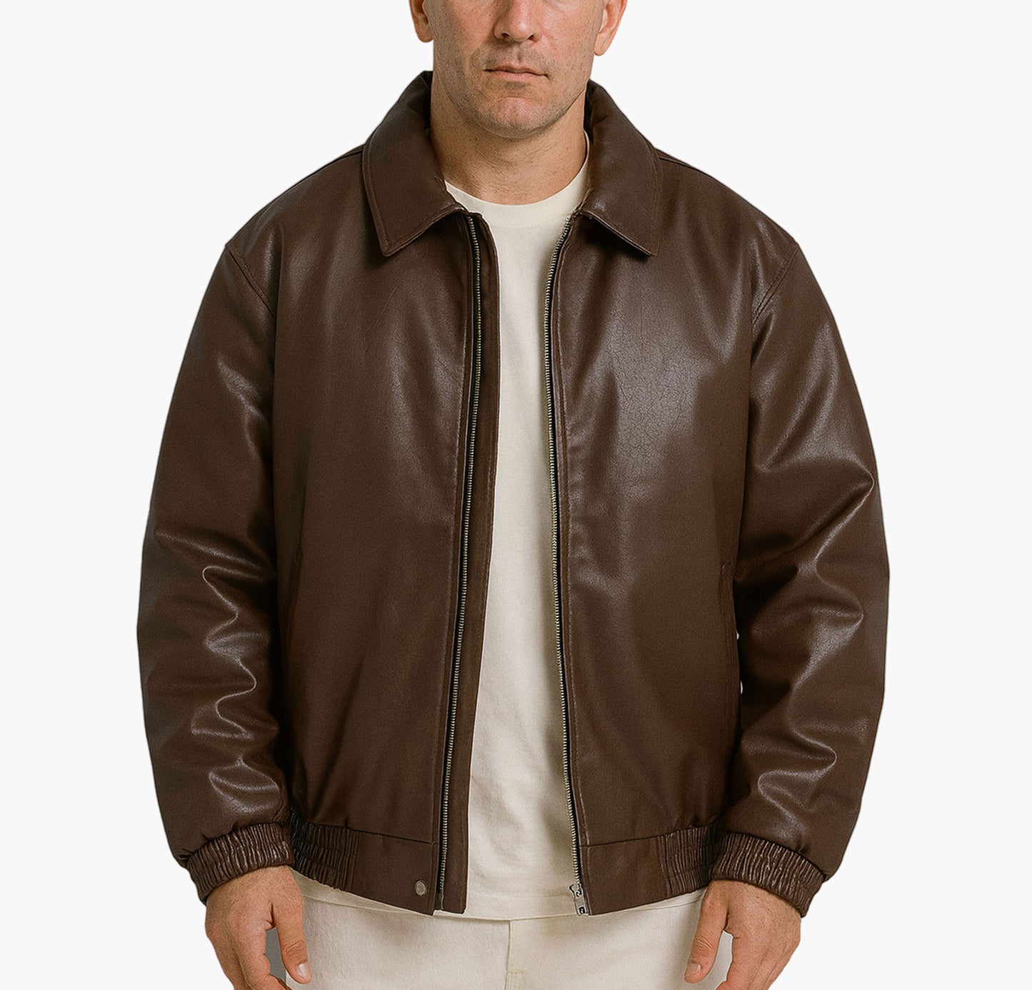 Unisex Faux Leather Bomber Jacket – Casual Loose Fit with Zip-Up Front
