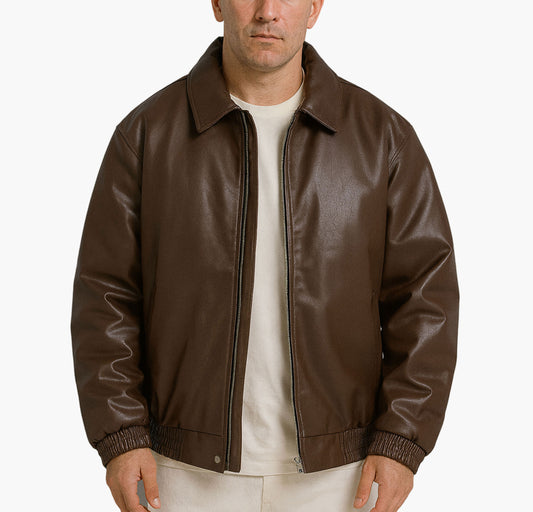 Unisex Faux Leather Bomber Jacket – Casual Loose Fit with Zip-Up Front