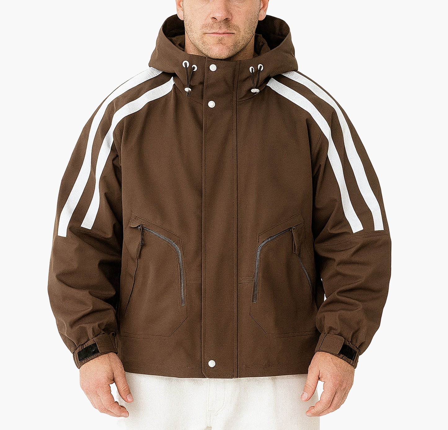 Men’s Heavy-Duty Windproof Hooded Jacket – Brown with White Stripes