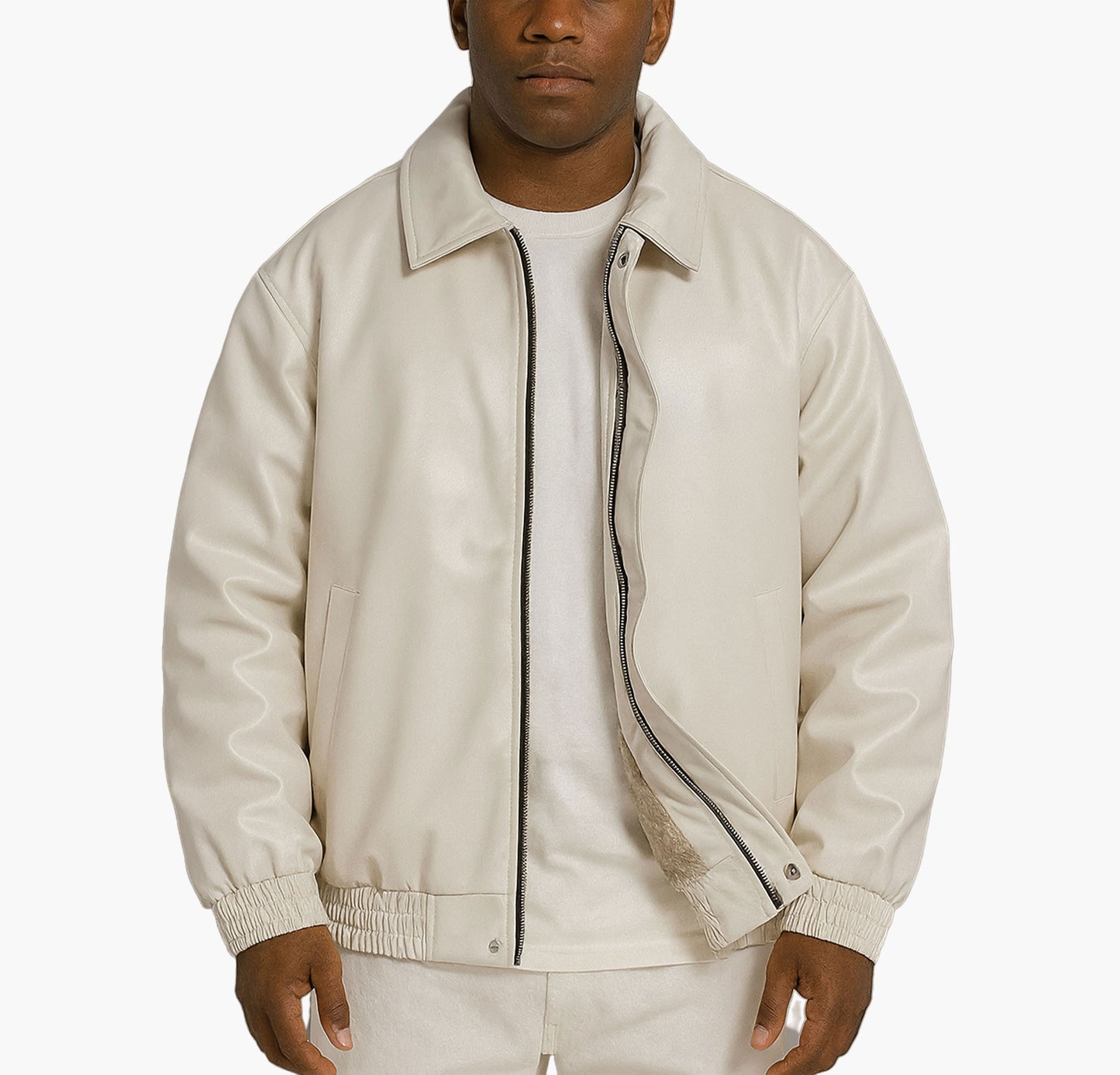 Unisex Faux Leather Bomber Jacket – Loose Fit Zip-Up with Polyester Lining