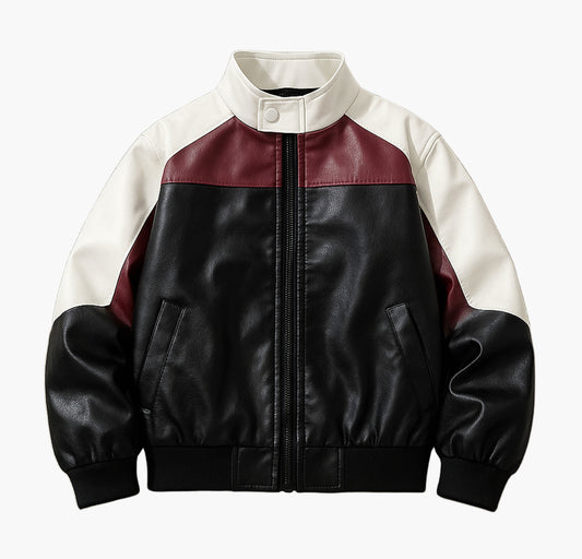 Men’s Street Style Bomber Jacket – Black, White & Red Color Block Zip-Up