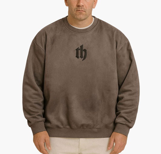 Men’s Fleece Sweatshirt – Brown Crew Neck Pullover with “TH” Letter Design