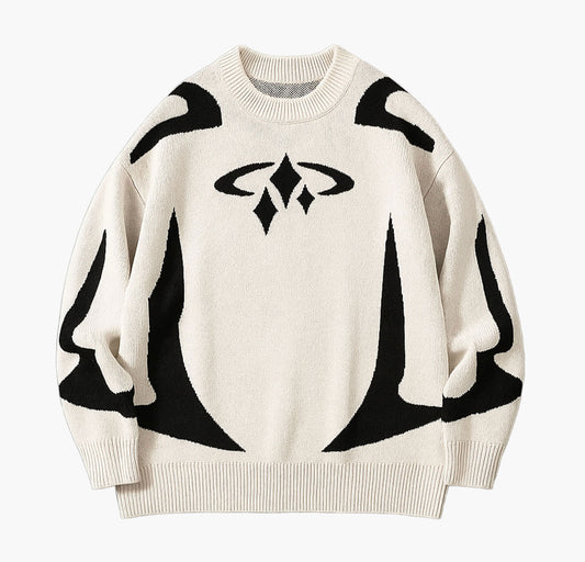 Men’s Casual Graphic Print Knit Sweater – Black & White Abstract Design Pullover