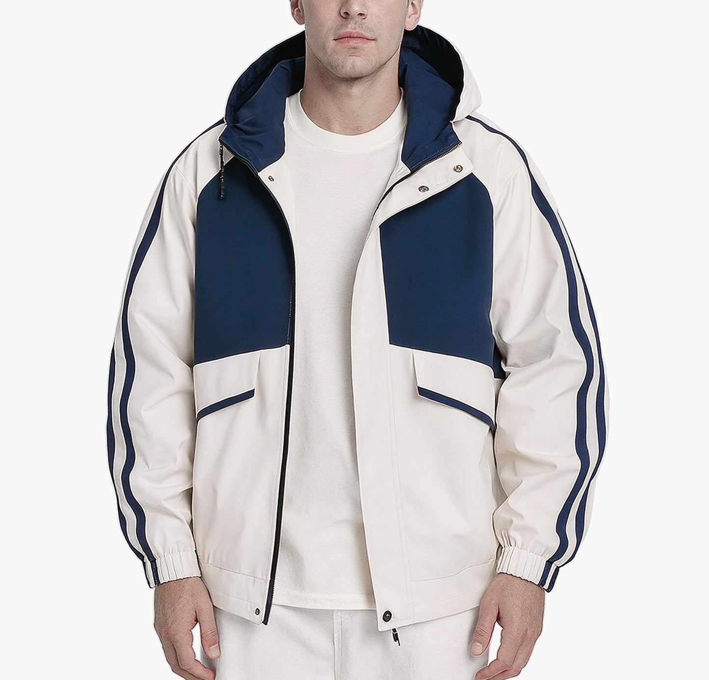 Men’s Hooded Color Block Jacket – Navy & White Full-Zip Windproof Outdoor Coat