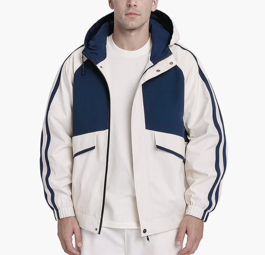 Men’s Hooded Color Block Jacket – Navy & White Full-Zip Windproof Outdoor Coat