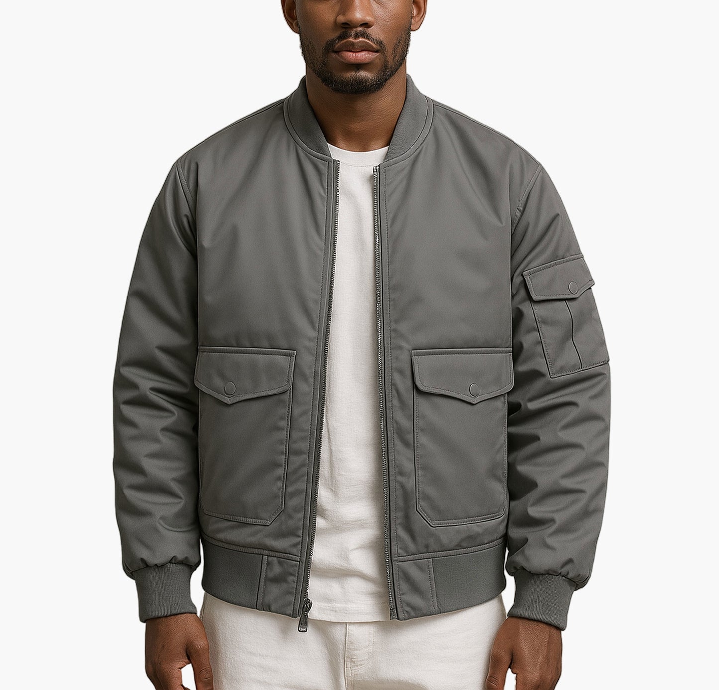 Men’s Heavy-Duty Bomber Jacket – Zippered Multi-Pocket Flight Style
